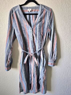 Ag Adriano Goldschmied Linen Striped Button Mini Shirt Dress Tie Waist Blue Rust